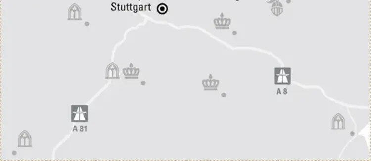 Illustration: Staatliche Schlösser und Gärten Baden-Württemberg, JUNG:Kommunikation GmbH Karte der Region "Königliches rund um die Schwabenmetropole"
