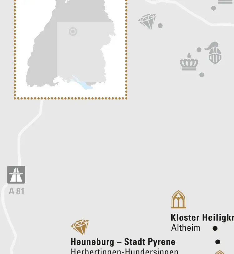 Illustration: Staatliche Schlösser und Gärten Baden-Württemberg, JUNG:Kommunikation GmbH Karte der Region "Klöster und Kelten in Oberschwaben"
