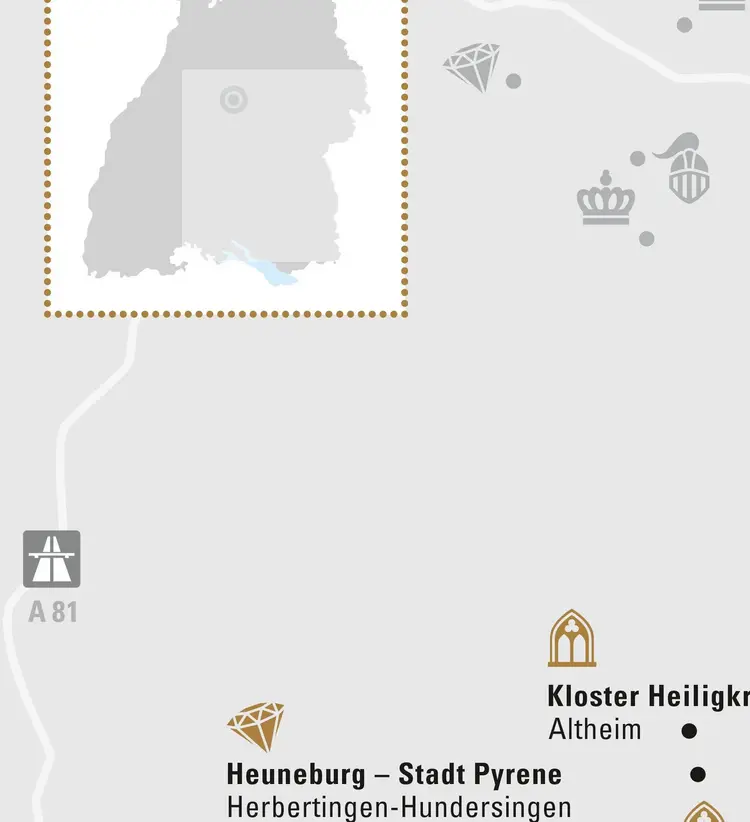 Illustration: Staatliche Schlösser und Gärten Baden-Württemberg, JUNG:Kommunikation GmbH Karte der Region "Klöster und Kelten in Oberschwaben"