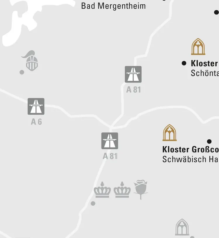 Illustration: Staatliche Schlösser und Gärten Baden-Württemberg, JUNG:Kommunikation GmbH Karte der Region "Verborgene Schatzkästchen im Nordosten"