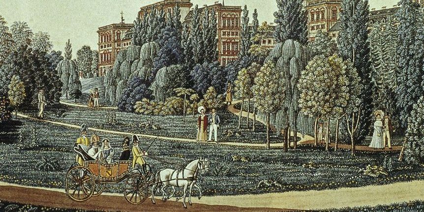 Foto: Staatliche Schlösser und Gärten Baden-Württemberg, Andrea Rachele Schloss Mannheim mit seinem Landschaftsgarten, Ausschnitt aus einem Aquarell von J. P. Karg, 1819